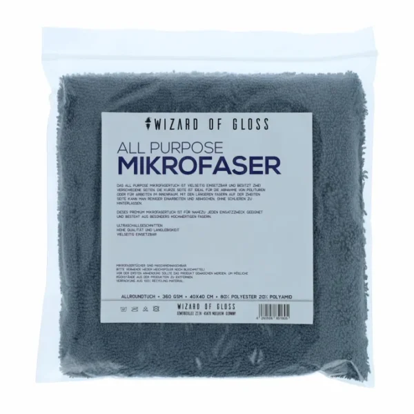 Wizard of Gloss All Purpose Hero Edgeless 2-Seiten Allroundtuch 360GSM 40x40cm Grau